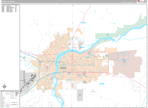 Great Falls City Wall Map Premium Style